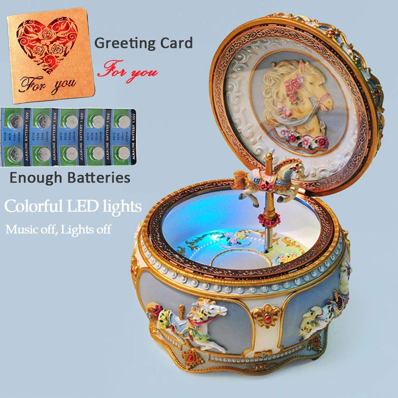 Briskfeel Classical Carousel Horse Music Box LED lights Twinkling Resin Carved Collectible Mechanical Musical Box with Sankyo 18-Note Horse Rotates with Music - Image 4